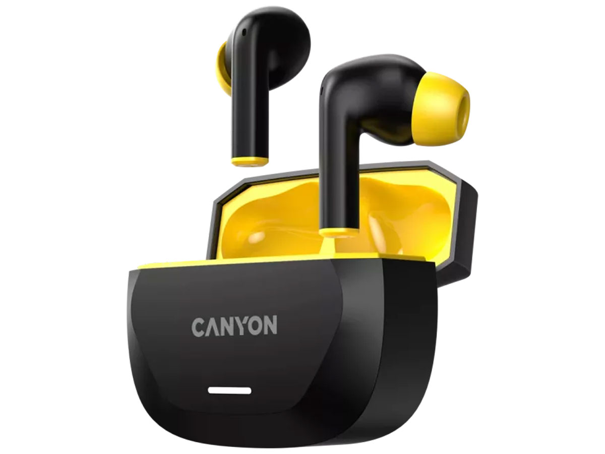 Drahtlose Kopfhörer CANYON HEXAGON 7 Schwarz-Gelb - Ansicht von vorne im Winkel mit offenem Ladeetui