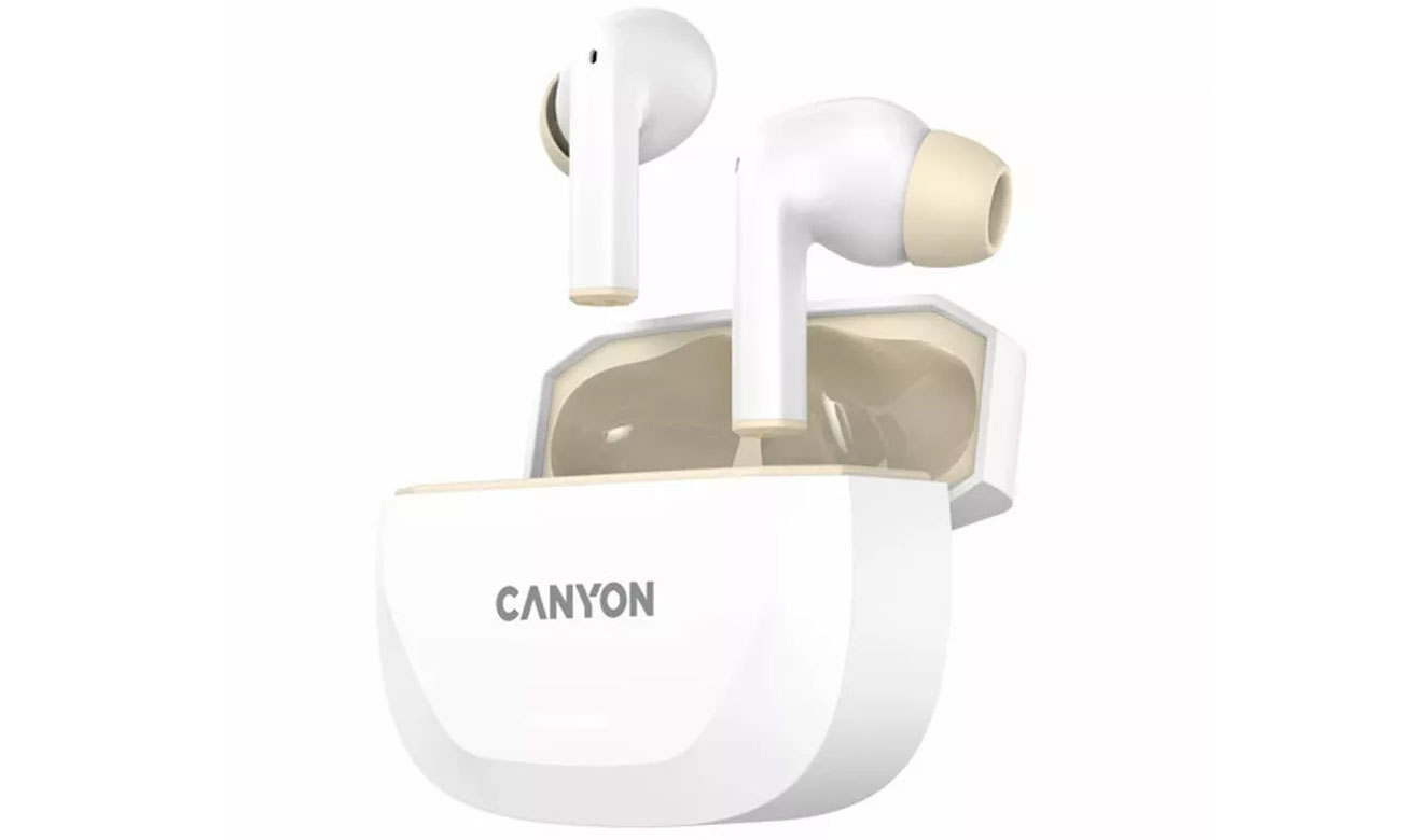 Drahtlose Kopfhörer CANYON HEXAGON 7 Weiß-beige - Ansicht von vorne im Winkel mit offenem Ladeetui