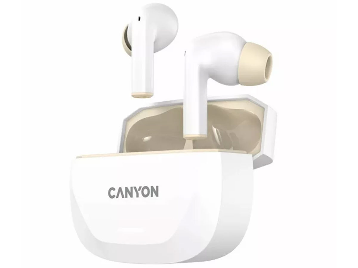 Drahtlose Kopfhörer CANYON HEXAGON 7 Weiß-beige - Ansicht von vorne im Winkel mit offenem Ladeetui
