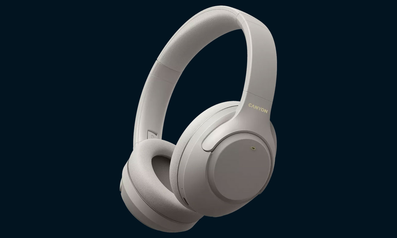 Drahtlose Canyon OnRiff 6 ANC Kopfhörer Beige - Vorderansicht im Winkel, Grafik mit Hintergrund