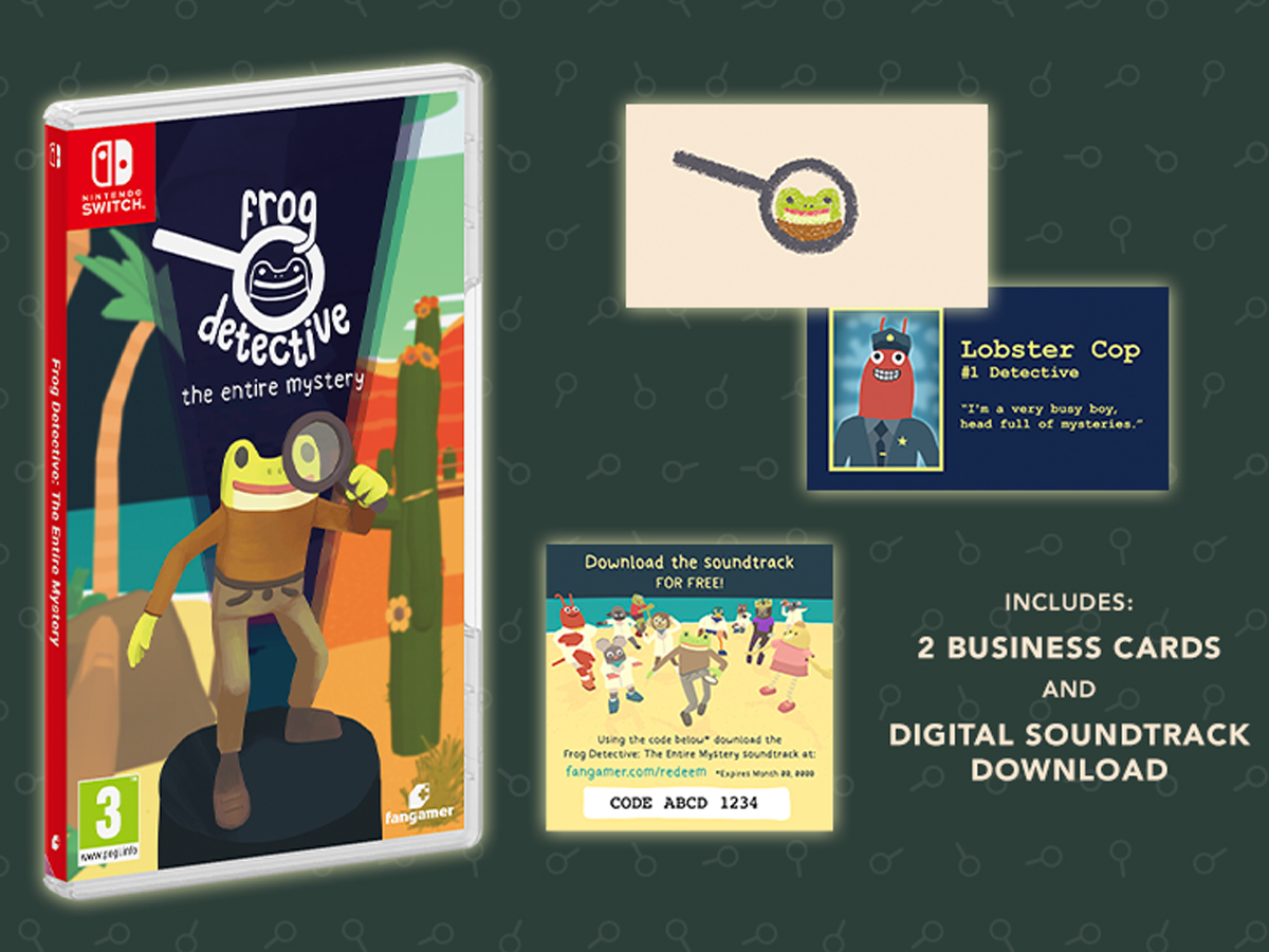 Grafik mit dem Inhalt der Box-Version des Spiels Frog Detective: The Entire Mystery