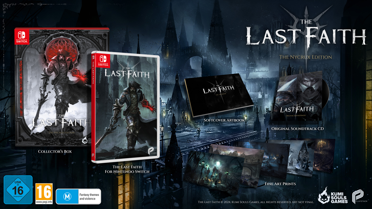 Grafik, die den Inhalt der Nycrux Edition des Spiels The Last Faith auf Nintendo Switch zeigt