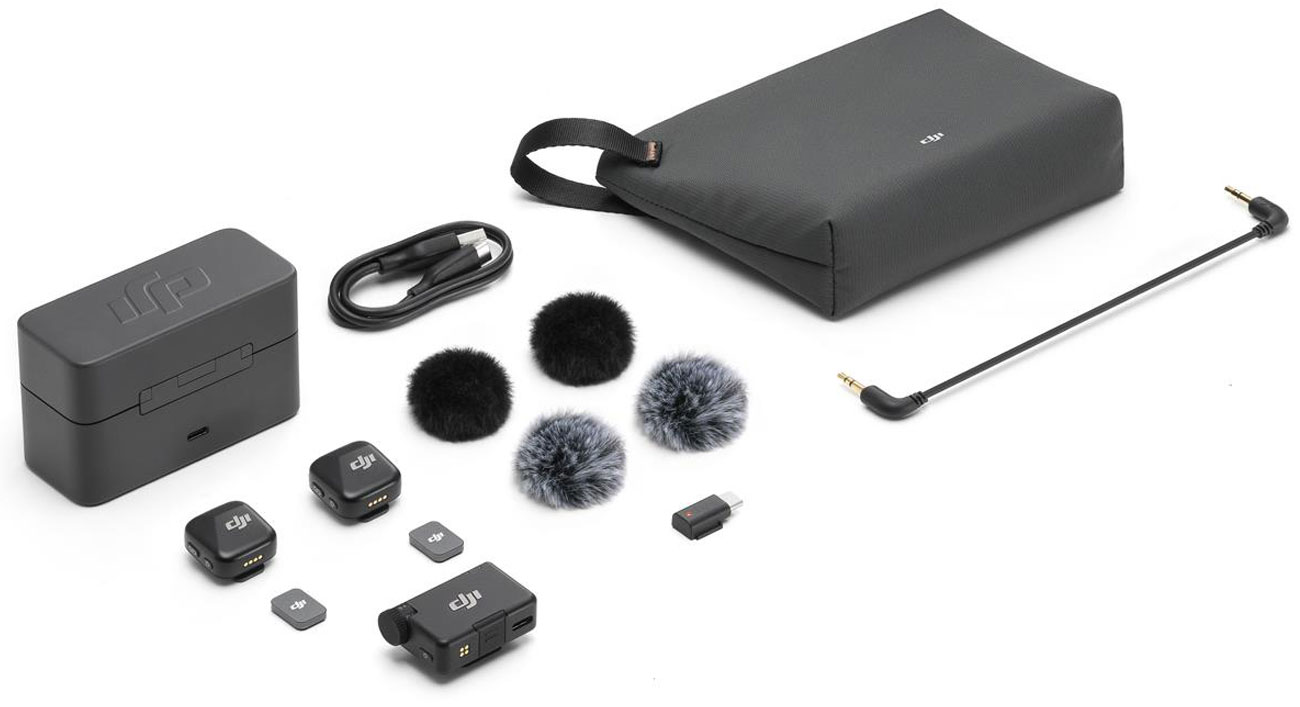Inhalt des DJI Mic Mini Sets (2 TX + 1 RX)