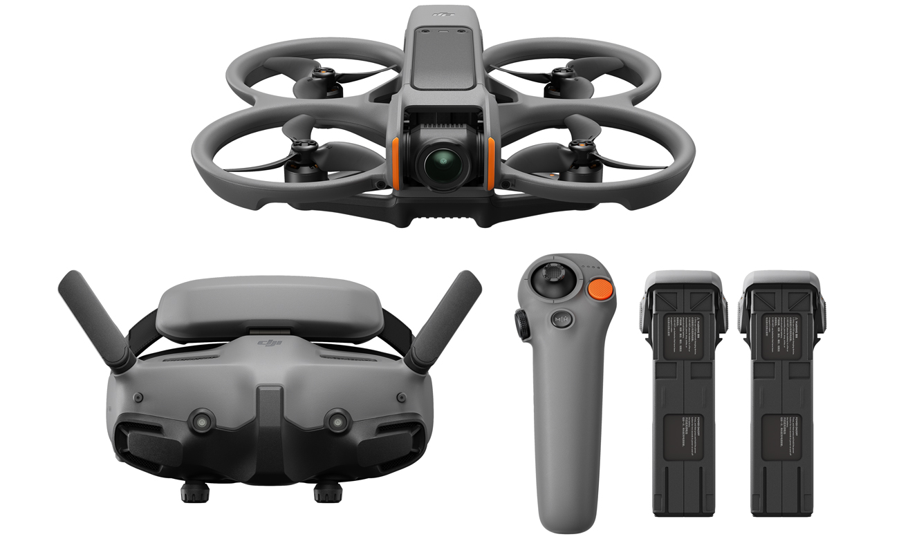 Drohne DJI Avata 2 - Vorderansicht mit Goggles, Controller und zwei Akkus