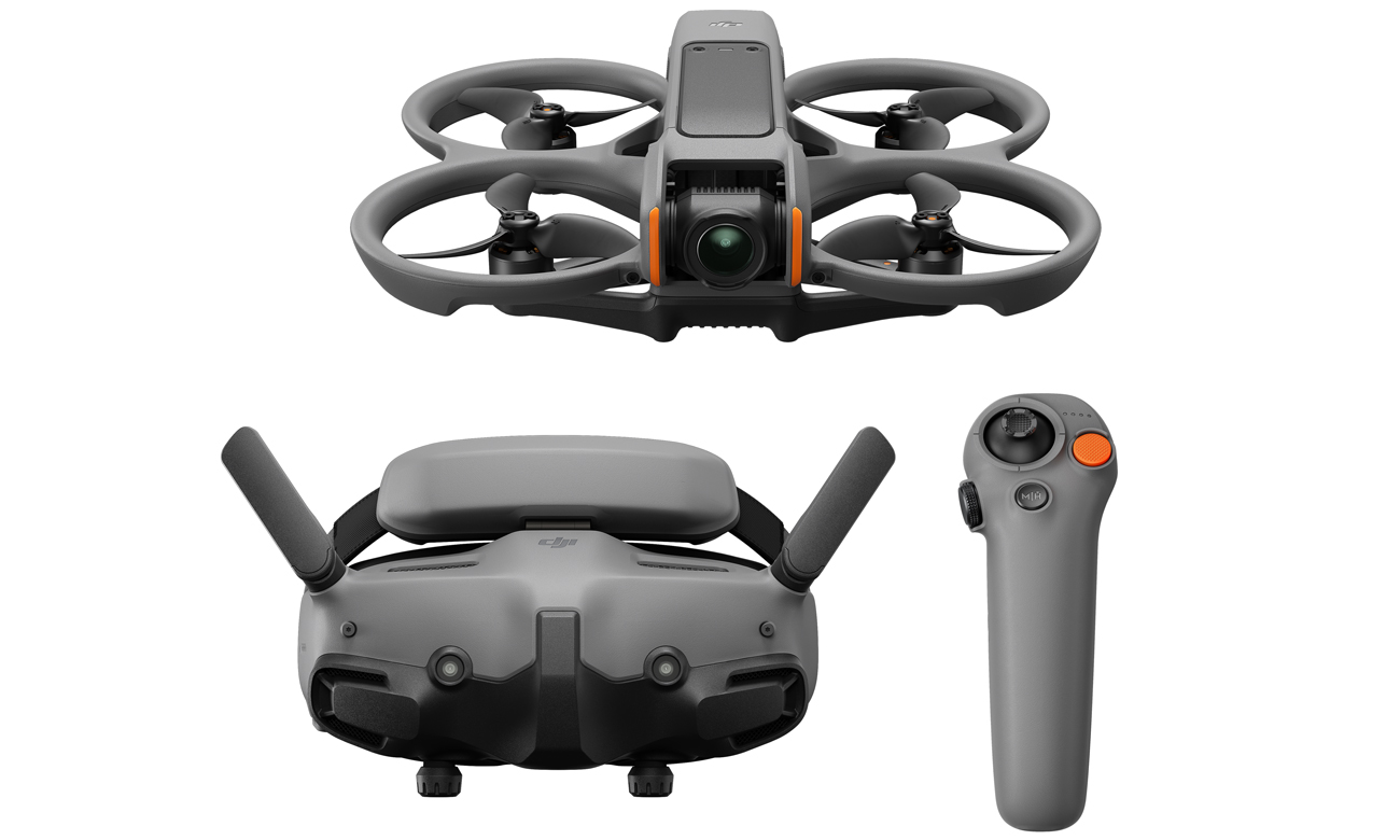 Dron DJI Avata 2 - Widok od przodu wraz z goglami i kontrolerem