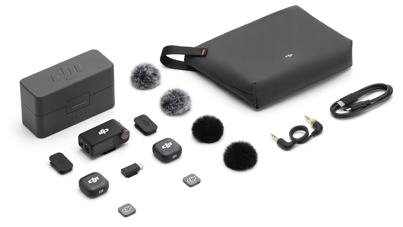 Inhalt des DJI Mic 3 Sets (2 TX + 1 RX)