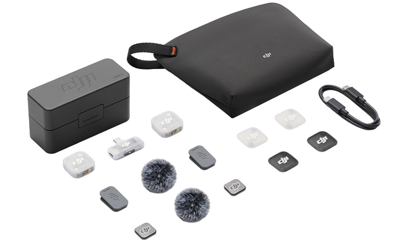 Inhalt des DJI Mic Mini 2 (2 TX + 1 Mobile RX)