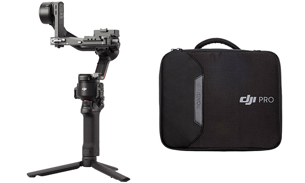 Gimbal DJI RS 4 - Widok od przodu pod kątem wraz z torbą transportową