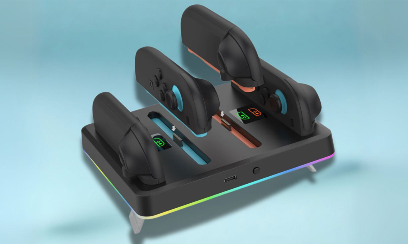 Stationsladegerät DOBE TNS-3160 RGB für Nintendo Switch Joy-Con 2 - Gesamtansicht, Grafik mit Hintergrund