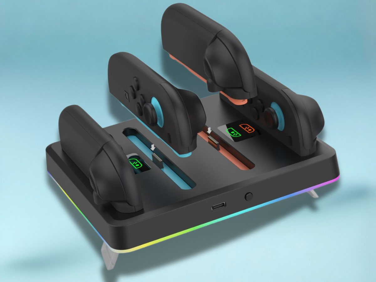 Stationsladegerät DOBE TNS-3160 RGB für Nintendo Switch Joy-Con 2 - Gesamtansicht, Grafik mit Hintergrund