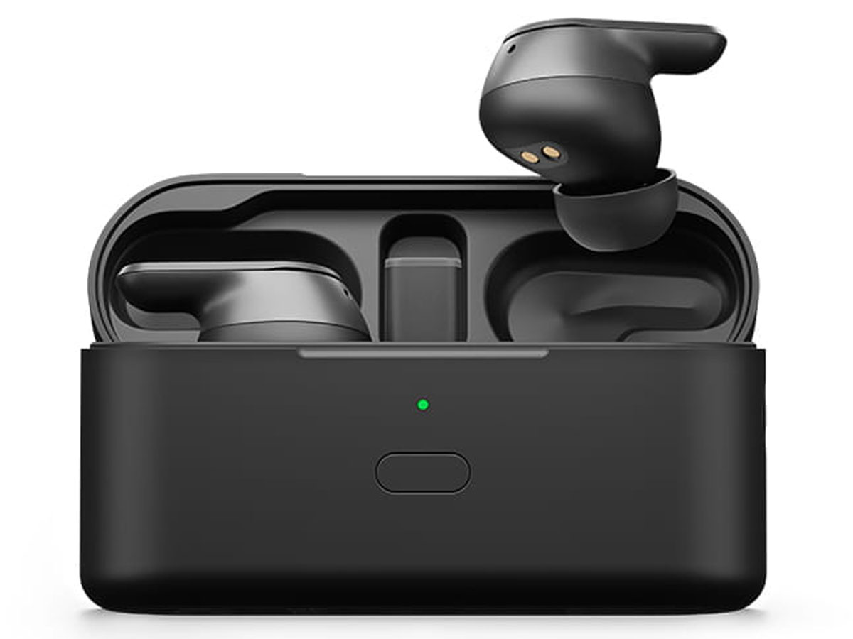 Drahtlose Kopfhörer Epos ADAPT E1 Scandinavian Black - Ansicht von vorne mit offenem Ladeetui