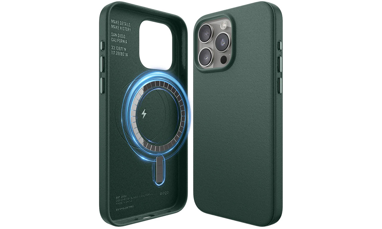 Elago Leather Case MagSafe für iPhone 15 Pro Max Midnight Green