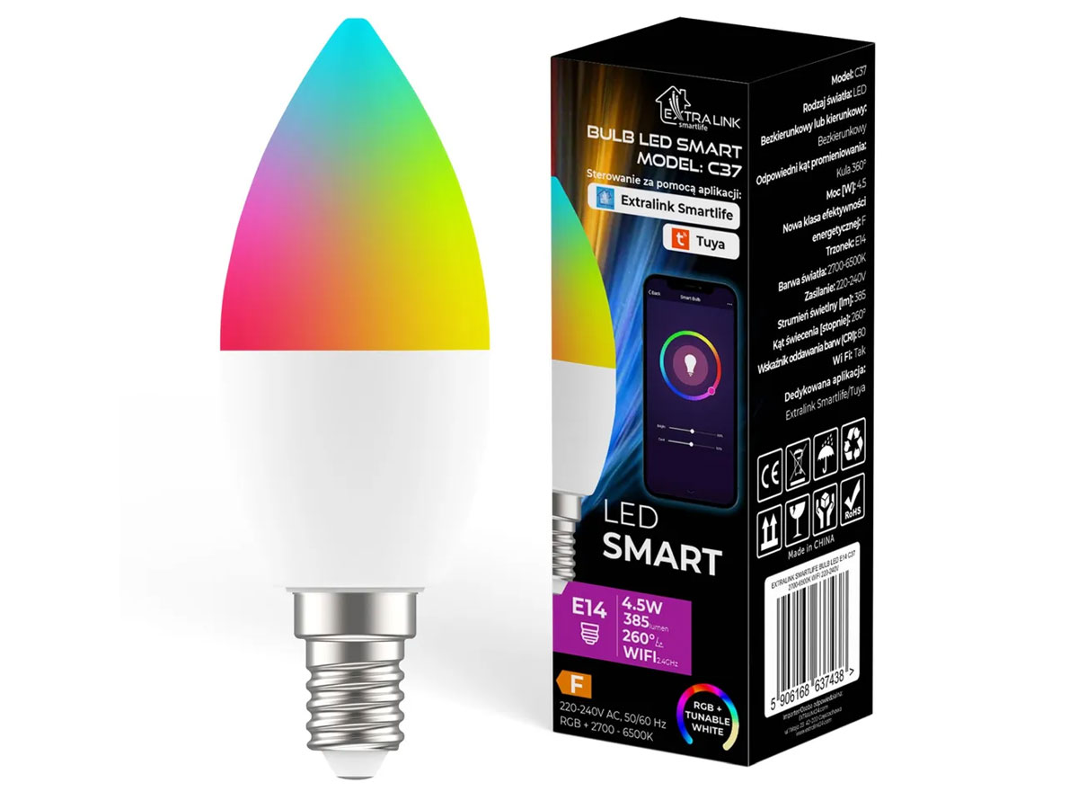 Intelligente LED-Glühbirne ExtraLink Smartlife C37 (E14) – Gesamtansicht mit Verpackung