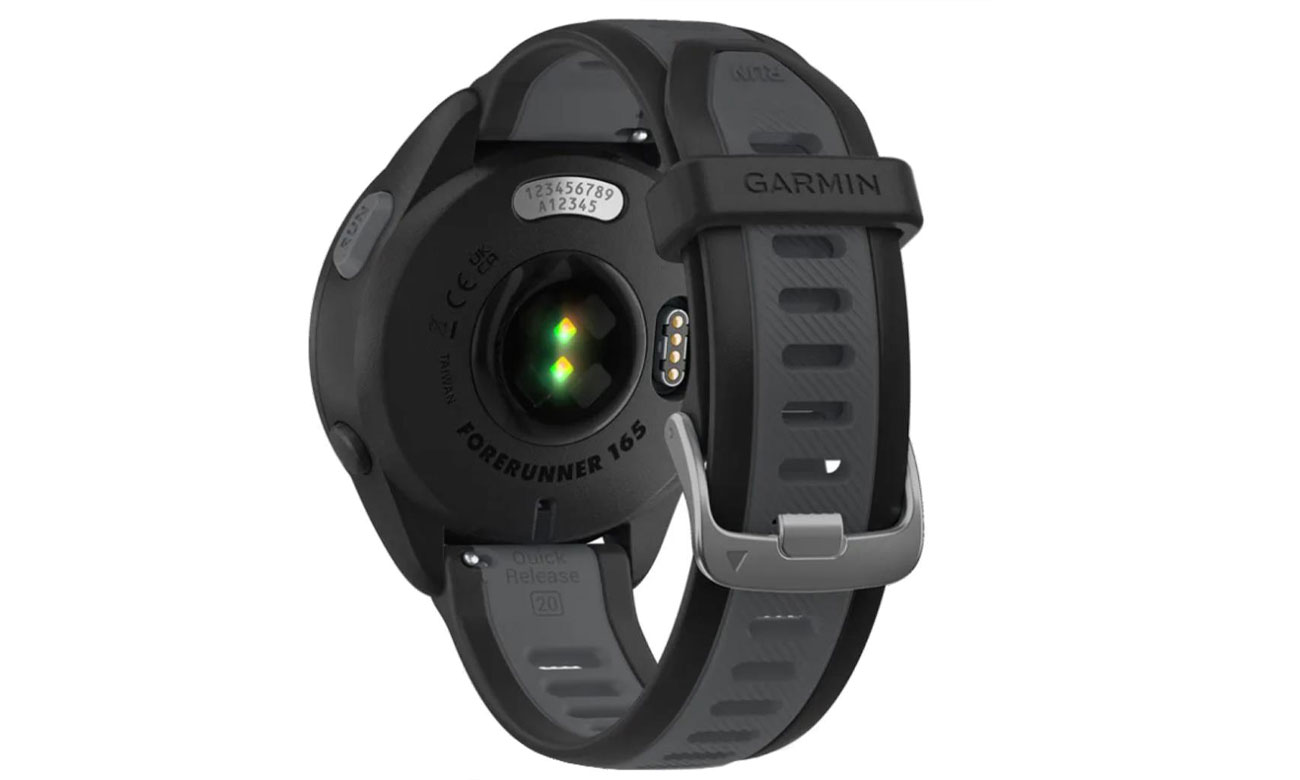 Schwarze Garmin Forerunner 165 Unterseite der Uhr und Sensor