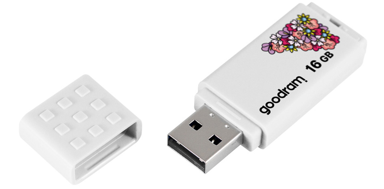 Pendrive GOODRAM 16 GB UME2 USB 2.0 spring white - Widok od przodu pod kątem, widoczne złącze i zatyczka