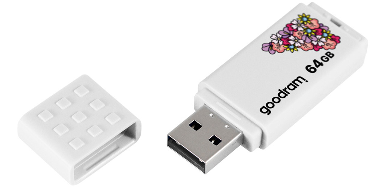 Pendrive GOODRAM 64 GB UME2 USB 2.0 spring white - Widok od przodu pod kątem, widoczne złącze i zatyczka