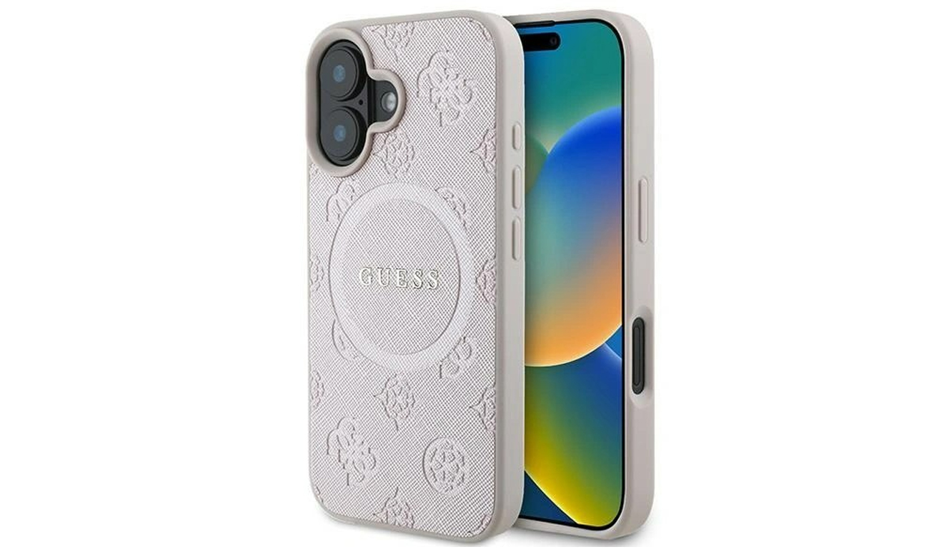 Etui Guess Saffiano Peony Classic Logo für iPhone 16 Plus rosa