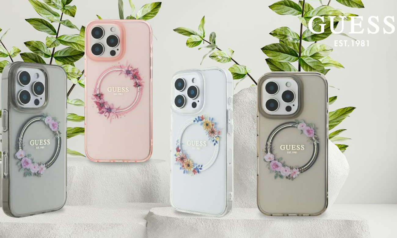 Etui Guess IML Flowers Wreath für iPhone 16 schwarz