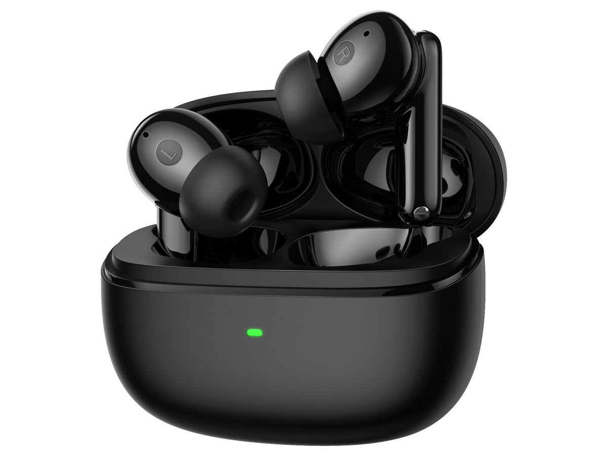 HATOR Hyperpunk Truepods Hybrid ANC Schwarz - Ansicht von vorne im Winkel mit offenem Ladeetui