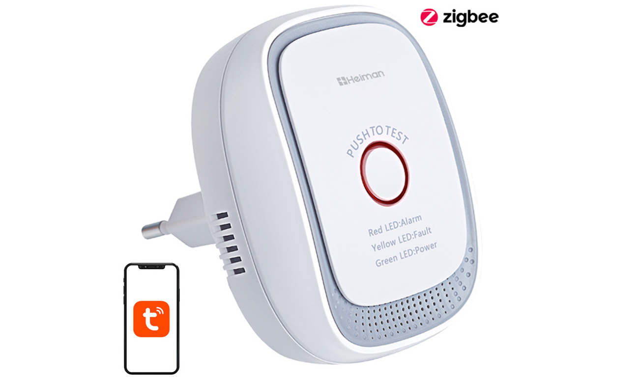 Intelligenter Erdgassensor Heiman ZigBee HS1CG-E – Vorderansicht im Winkel