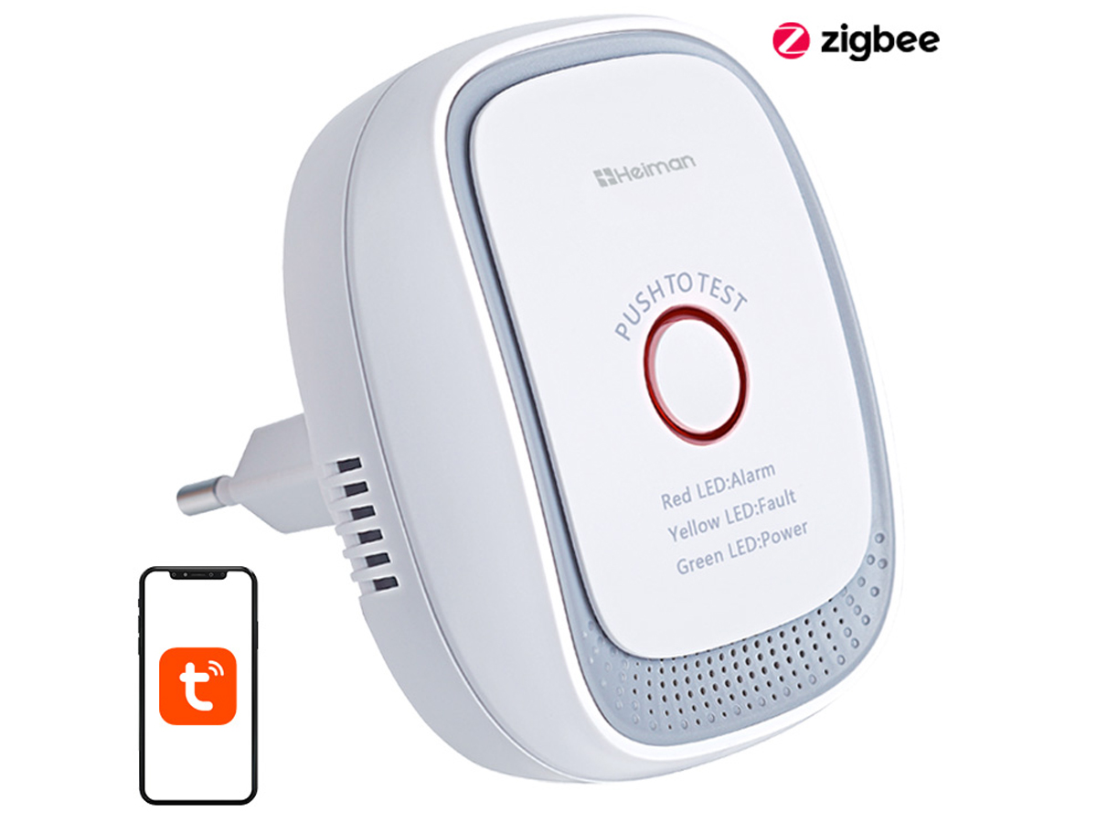 Intelligenter Erdgassensor Heiman ZigBee HS1CG-E – Vorderansicht im Winkel