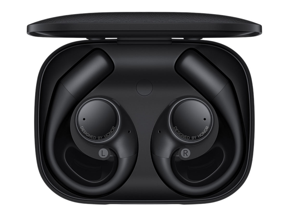 Słuchawki bezprzewodowe HONOR Earbuds Open Polar Black - Blick von oben mit offenem Ladeetui