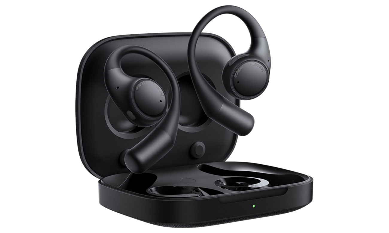Słuchawki bezprzewodowe HONOR Earbuds Open Polar Black - Widok od przodu pod kątem wraz z otwartym etui ładującym