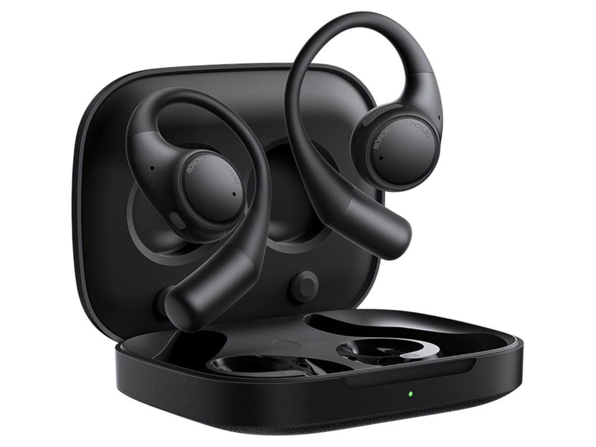 Słuchawki bezprzewodowe HONOR Earbuds Open Polar Black - Widok od przodu pod kątem wraz z otwartym etui ładującym