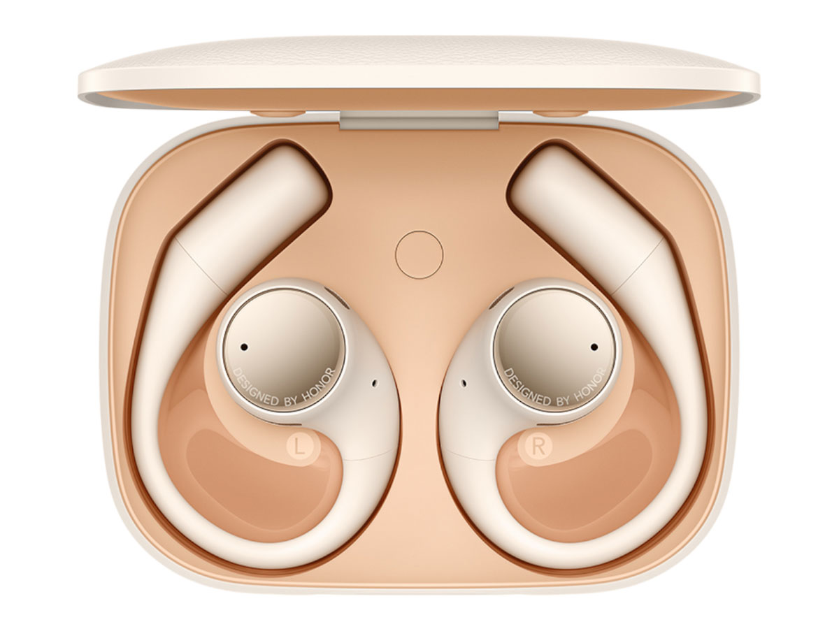 Słuchawki bezprzewodowe HONOR Earbuds Open Polar Gold - Widok od góry wraz z otwartym etui ładującym