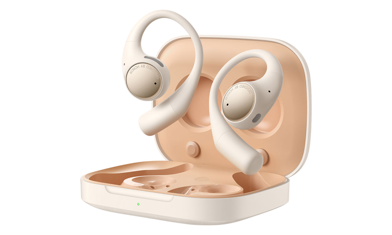 Słuchawki bezprzewodowe HONOR Earbuds Open Polar Gold  - Widok od przodu pod kątem wraz z otwartym etui ładującym