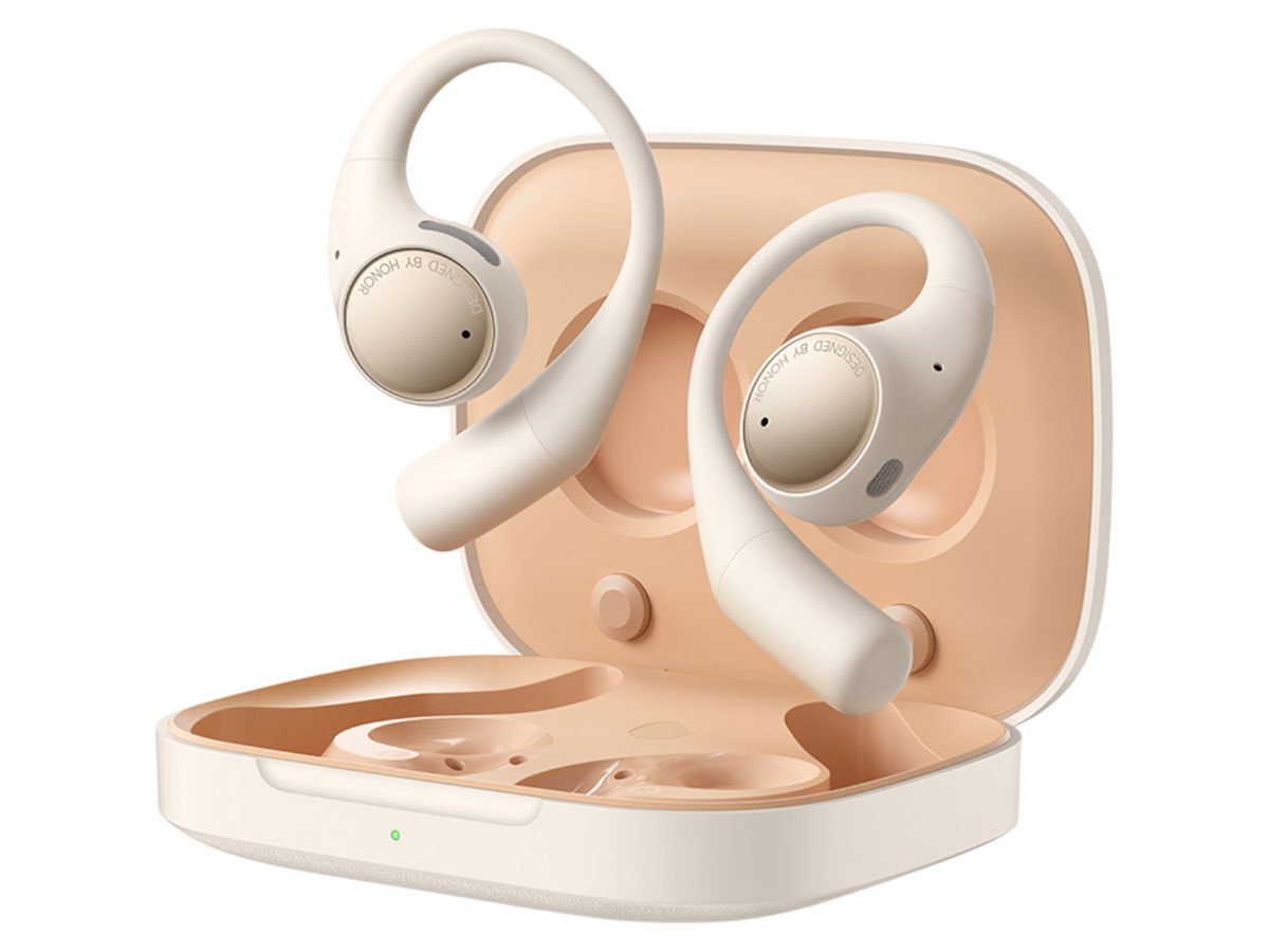 Słuchawki bezprzewodowe HONOR Earbuds Open Polar Gold - Widok od przodu pod kątem wraz z otwartym etui ładującym