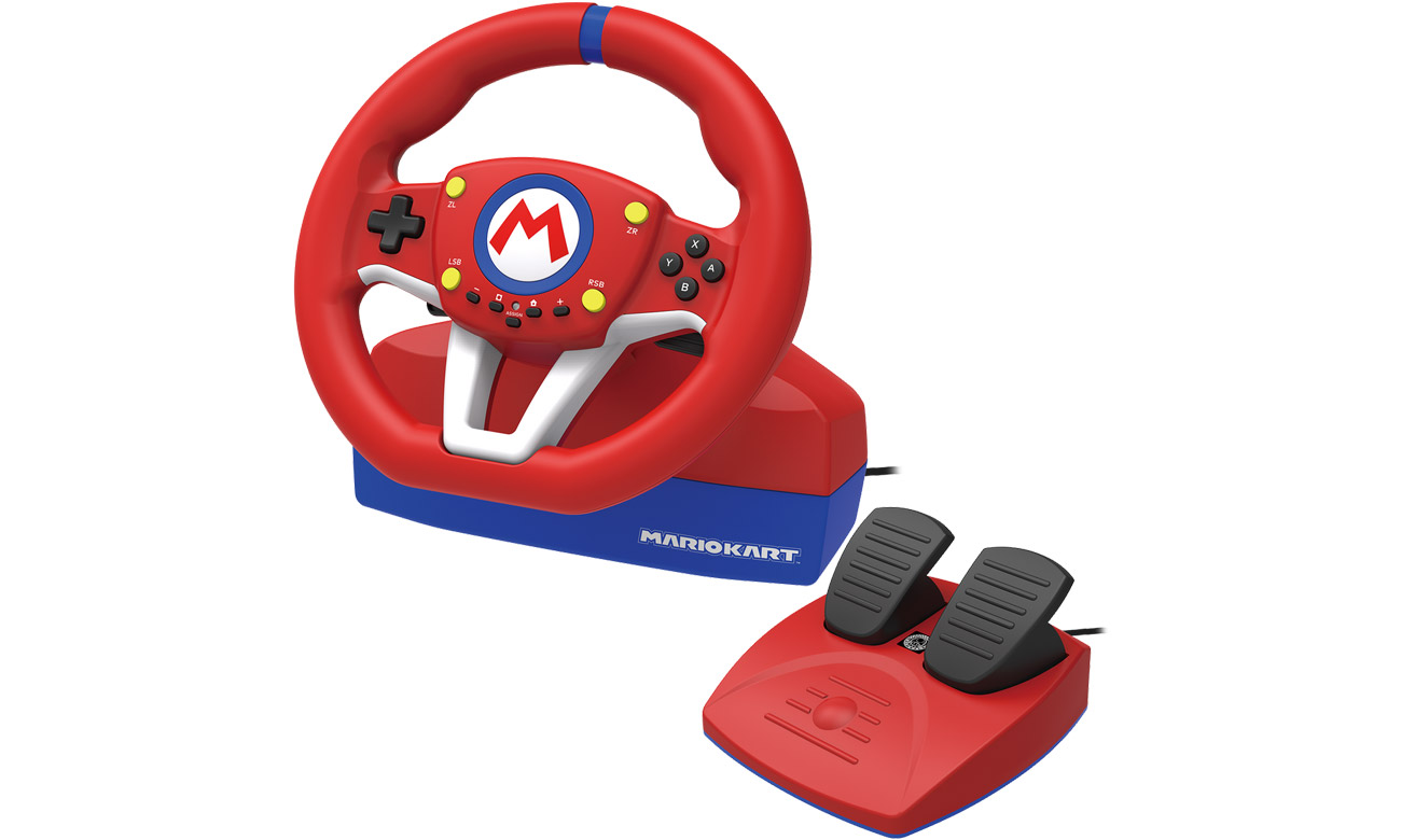 HORI Mario Kart Racing Wheel Pro Mini für Nintendo Switch - Vorderansicht im Winkel + Pedalmodul