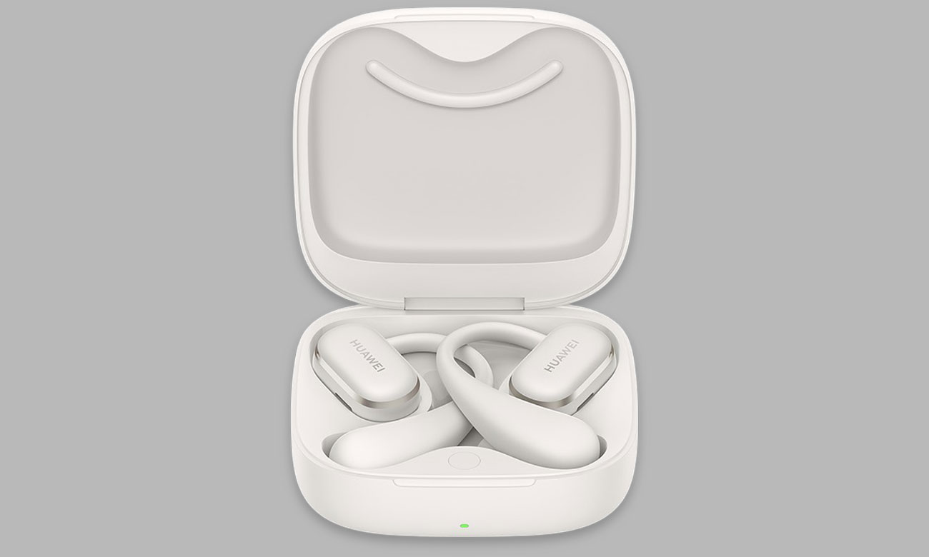 Drahtlose Kopfhörer HUAWEI FreeArc Grau - Ansicht von vorne mit offenem Ladeetui, Grafik mit Hintergrund