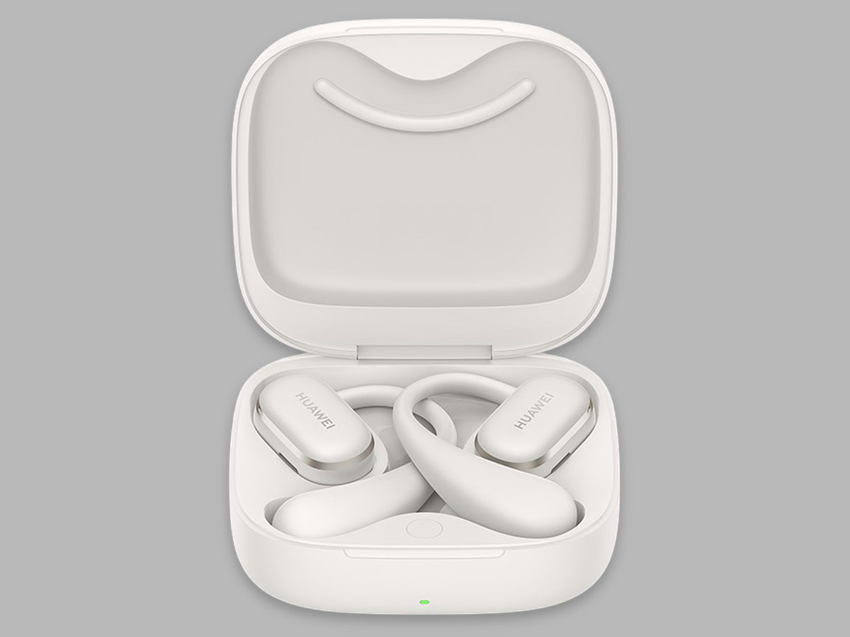 Drahtlose Kopfhörer HUAWEI FreeArc Grau - Ansicht von vorne mit offenem Ladeetui, Grafik mit Hintergrund