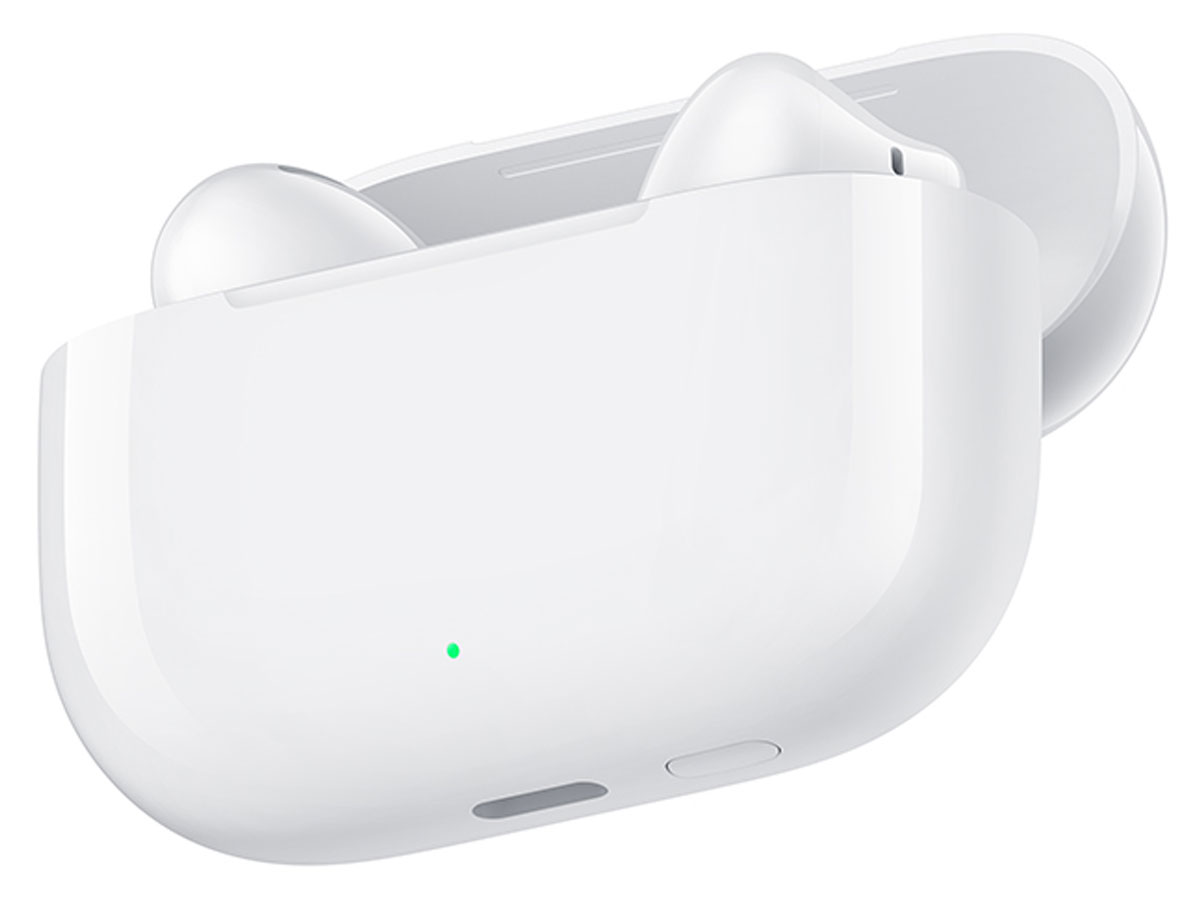 Słuchawki bezprzewodowe HUAWEI FreeBuds SE 4 ANC Białe - Widok od przodu pod kątem wraz z otwartym etui ładującym