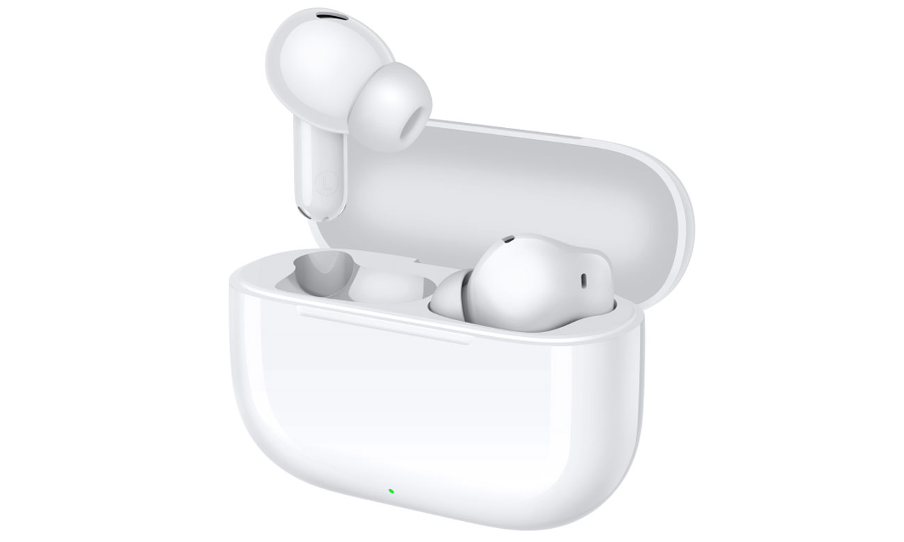 Słuchawki bezprzewodowe HUAWEI FreeBuds SE 4 ANC Białe - Widok od przodu pod kątem wraz z otwartym etui ładującym