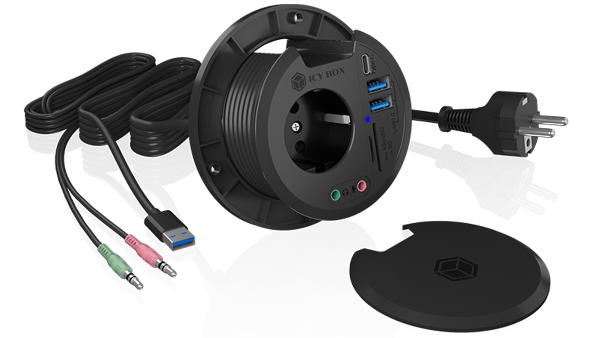 ICY BOX 4-Port Tisch-Hub mit Schuko-Steckdose