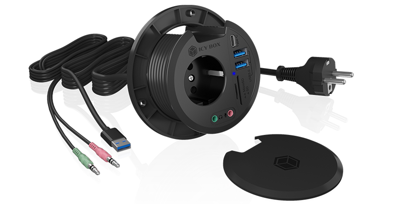 ICY BOX 4-Port Tisch-Hub mit Schuko-Steckdose