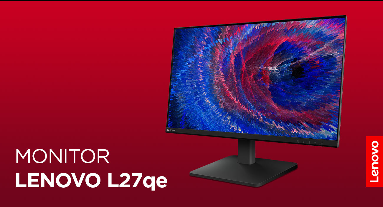 Monitor Lenovo L27qe z kolorową tapetą na ekranie