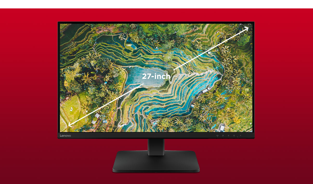 27-calowy monitor Lenovo L27qe  z kolorową tapetą na ekranie z egzotycznym krajobrazem