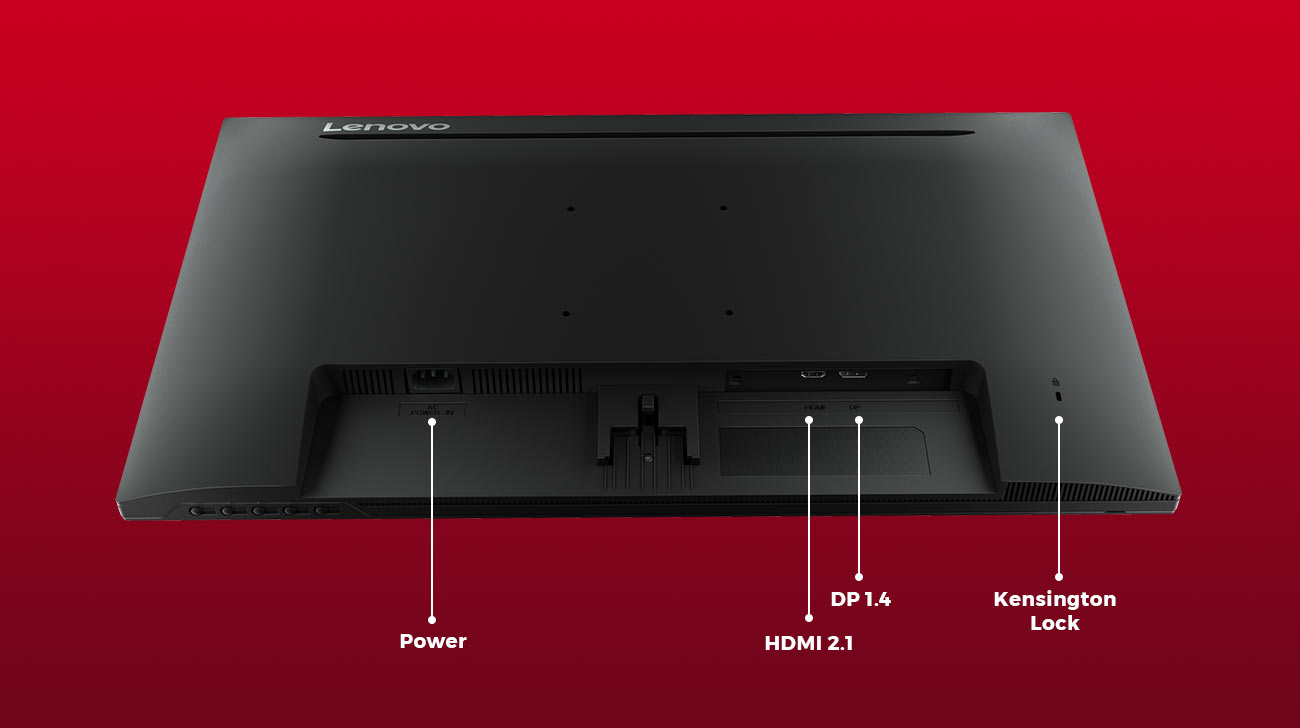 Sichtbare Anschlüsse und Ports: Stromversorgung, HDMI (High-Definition Multimedia Interface), DP 1.4 (Display Port), Kensington-Schloss
