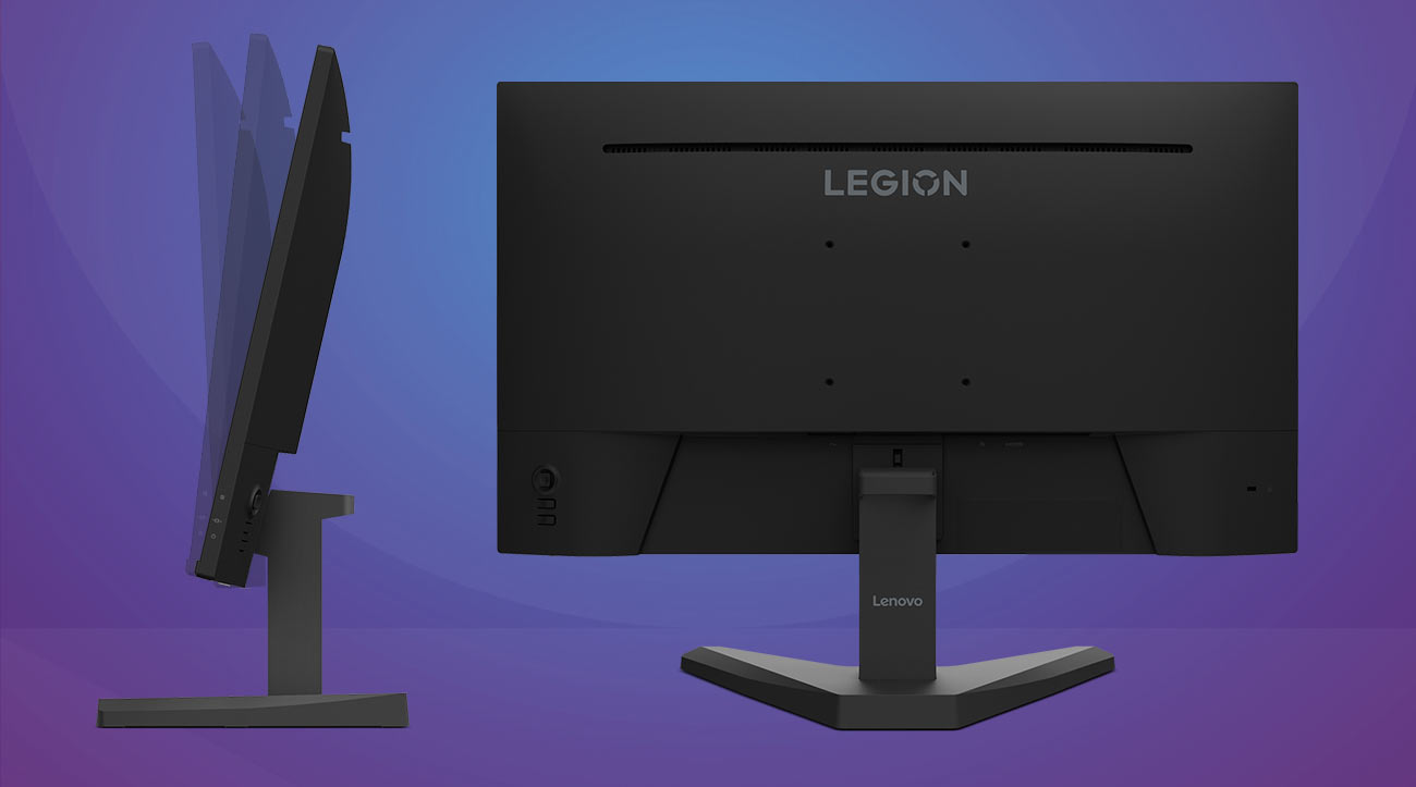 Lenovo Legion R27s Monitor von hinten und von der Seite, dargestellt mit der Neigungsanpassung