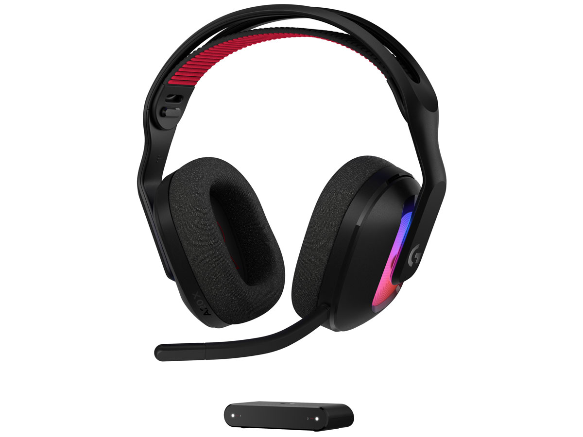 Wireless-Kopfhörer Logitech A20 X Schwarz - Ansicht von vorne mit Basisstation PLAYSYNC