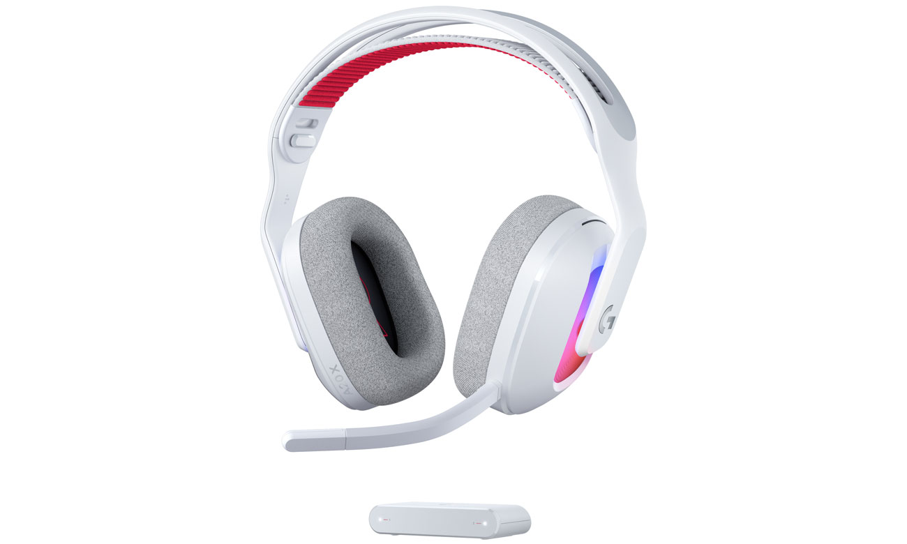 Wireless-Kopfhörer Logitech A20 X Weiß - Ansicht von vorne mit Basisstation PLAYSYNC