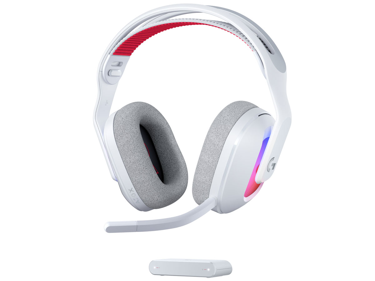 Wireless-Kopfhörer Logitech A20 X Weiß - Ansicht von vorne mit Basisstation PLAYSYNC