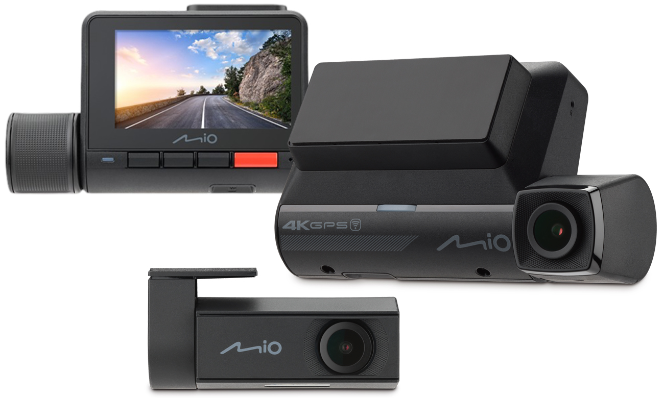 Mio MiVue 955W und MiVue E60 Dashcams - Frontansicht unter einem Winkel