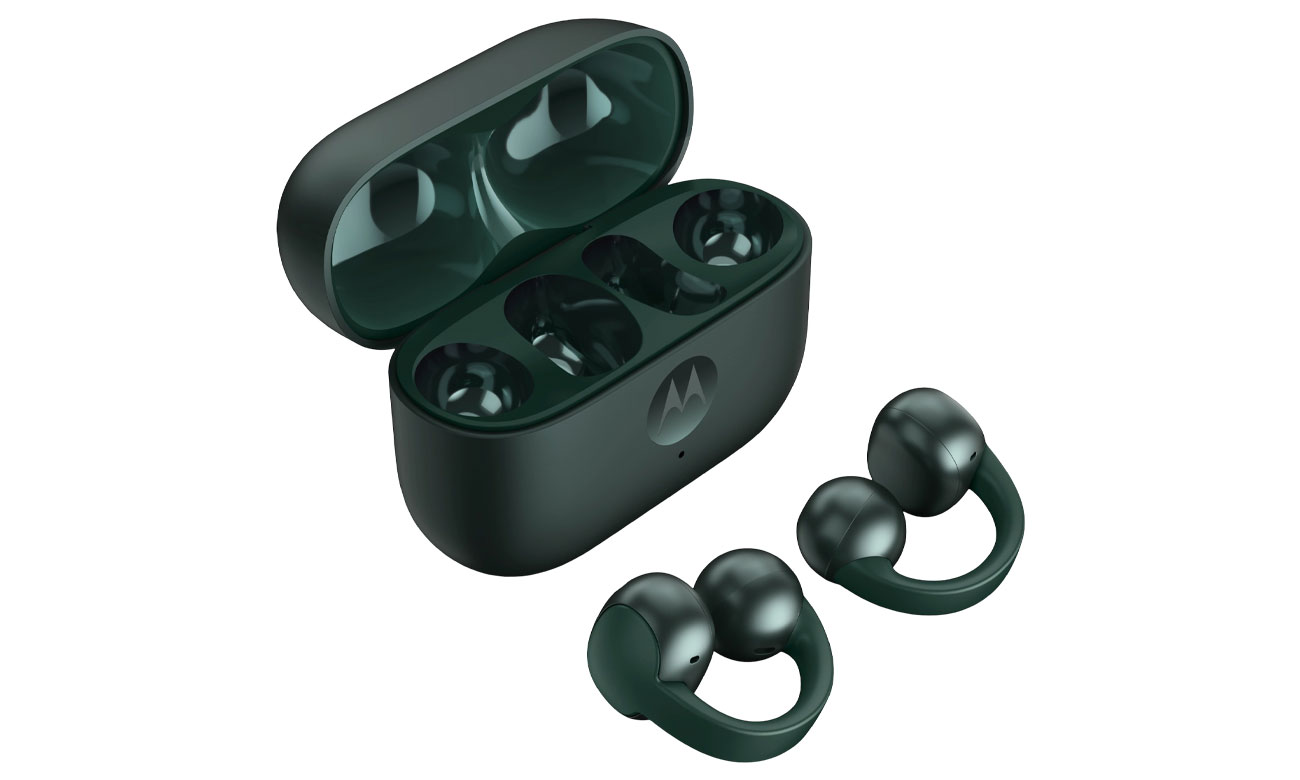 Drahtlose Motorola Moto Buds LOOP Trekking Green - Gesamtansicht mit Ladeetui