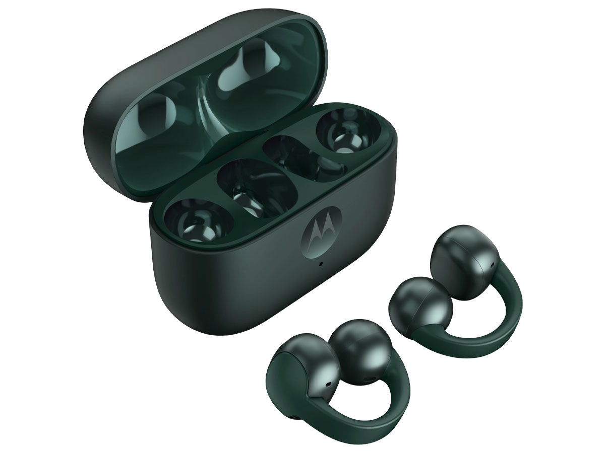 Drahtlose Motorola Moto Buds LOOP Trekking Green - Gesamtansicht mit Ladeetui