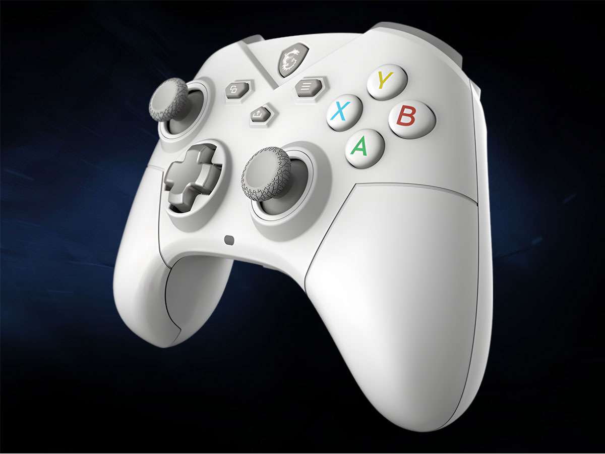 Kontroler MSI Force GC300W Wireless Weiß - Frontansicht im Winkel, Grafik mit Hintergrund