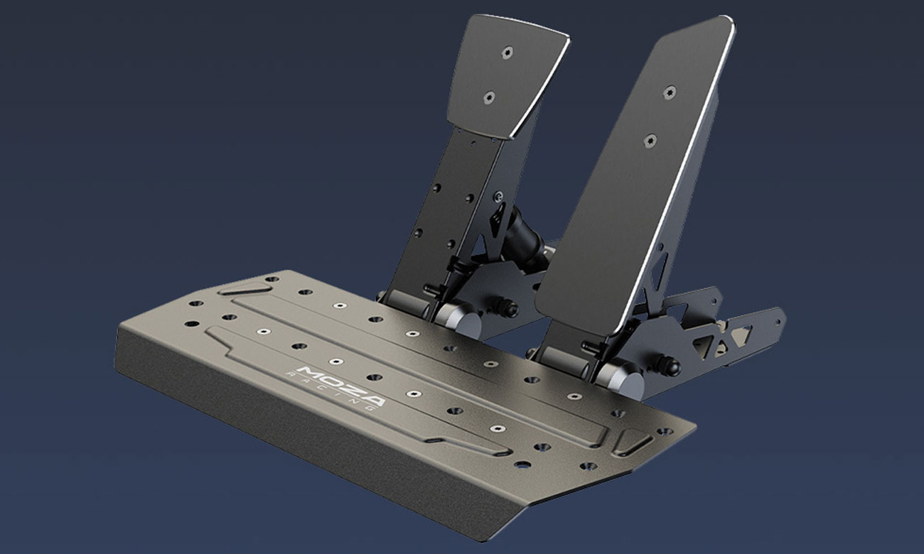 Pedal-Set Gas + Bremse mit Basis Moza Racing SR-P RS11 - Gesamtansicht, Grafik mit Hintergrund